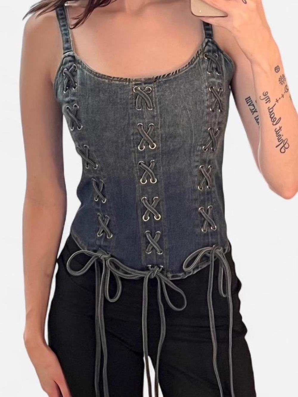 Current Mood Washed Black Denim Lace-Up Corset Camisole